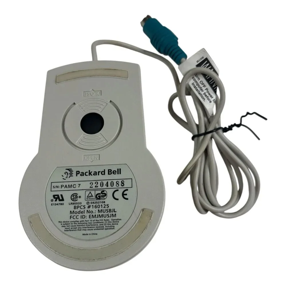 Used Vintage Packard Bell #MUSBJL Off-White Mechanical Ball Wired Mouse Tested